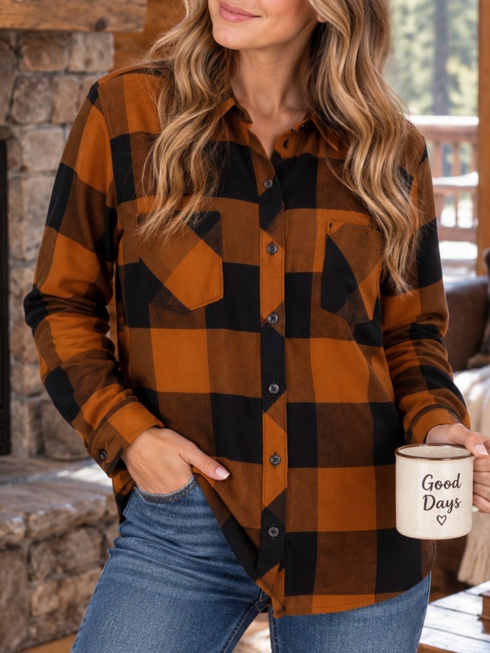 Natural Reflections Women’s M Buffalo Plaid Flannel Shirt Orange Brown Black